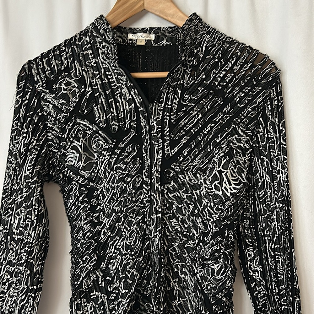 Obstine’e Vintage Black/White Geometric Zip Front Long Sleeve Jacket Top *Sz 8* - Picture 3 of 6